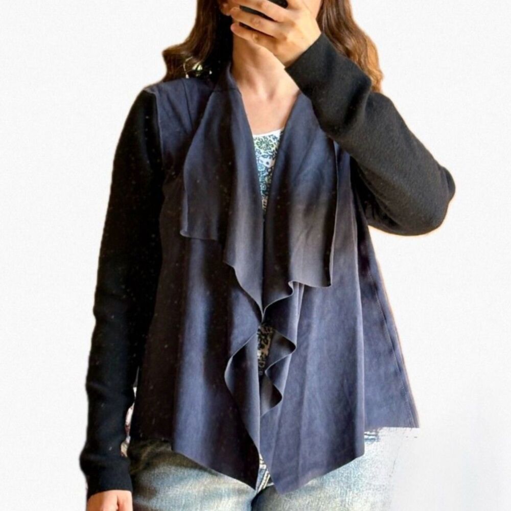 T Tahari Faux Suede Open Front Cardigan Jacket Mixed Media Wool Knit Witchy L - Picture 5 of 8